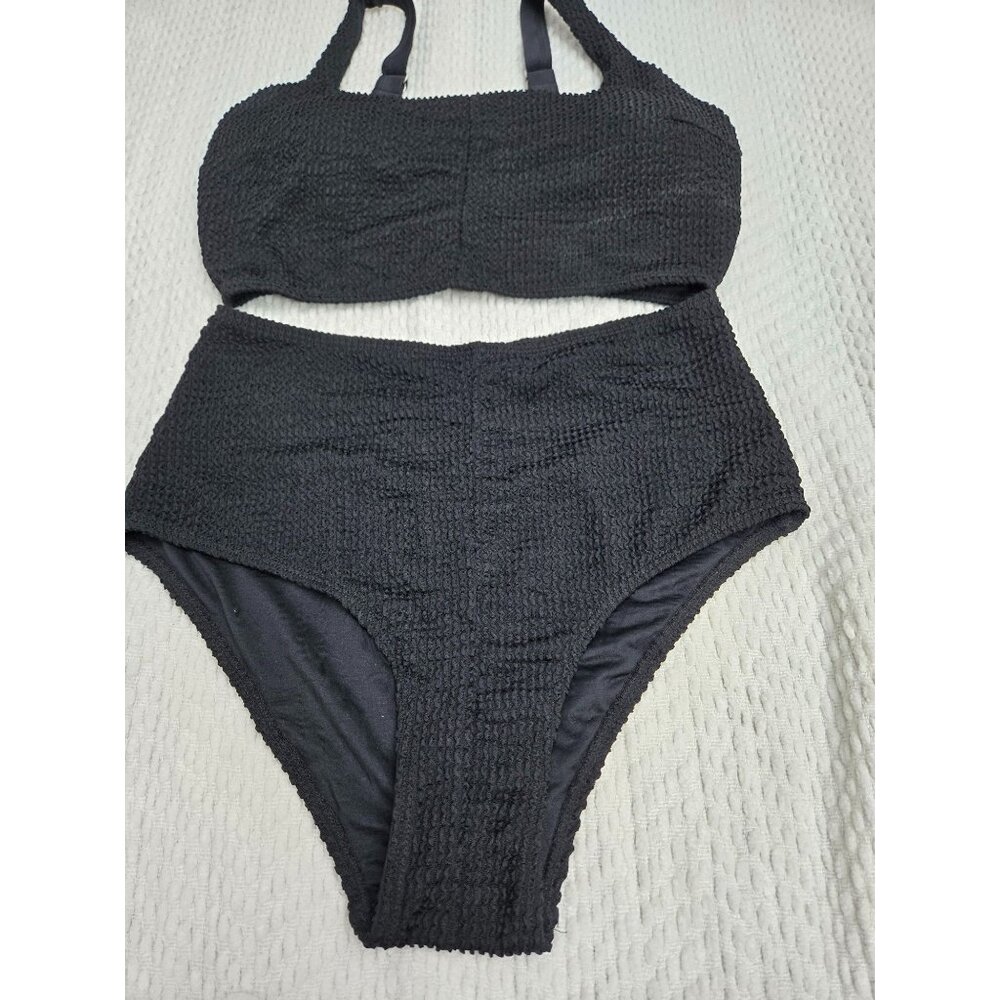 Black Textured Knit like High-Waisted Bikini Set With Crop Top - Size M